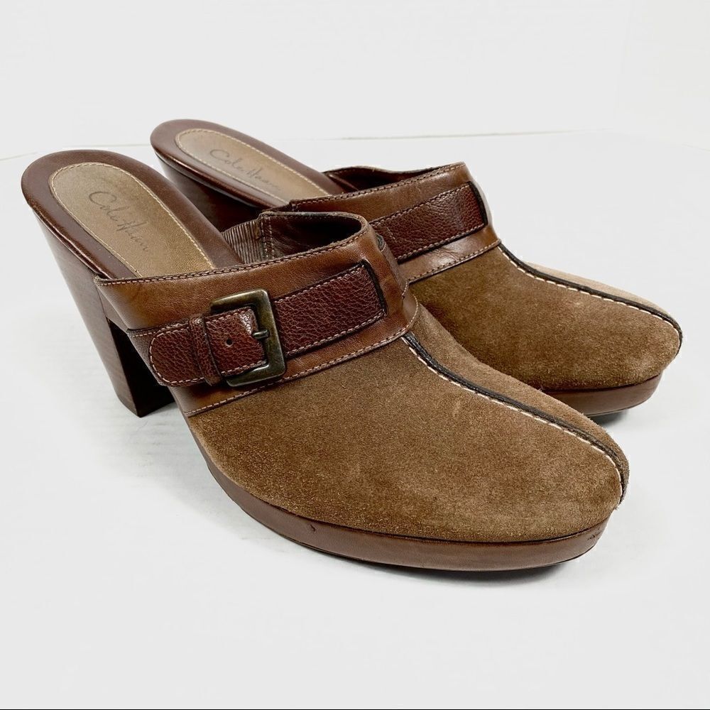 Cole Haan Brown Suede and Leather Buckle Clogs